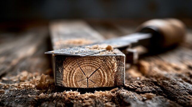Close-up of a wood chisel on a wooden plank with shavings.