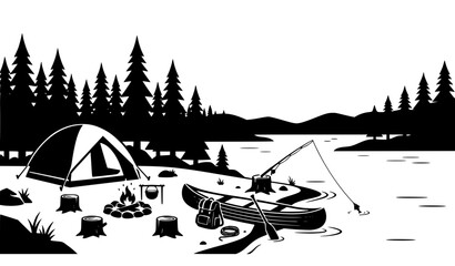 Lakeside camping tent and inflatable fishing boat with rod near a campfire surrounded by pine trees retro linocut vector illustration © MdIbrahimIslam