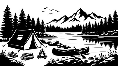 Camping tent and canoe at a scenic lakeside campsite with mountains pine trees and campfire retro linocut monochrome vector illustration © MdIbrahimIslam