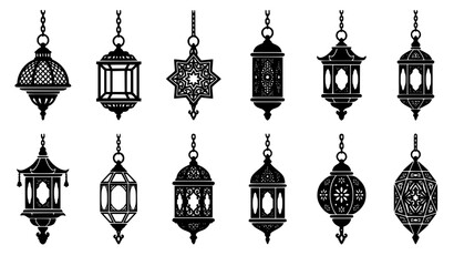 Obraz premium Arabic hanging lanterns solid silhouette icons set featuring traditional islamic ramadan decoration ornaments and vintage moroccan lamps vector illustration