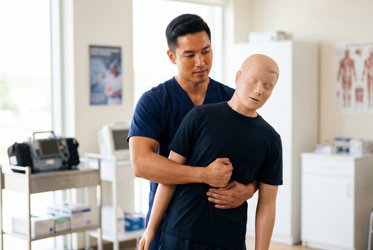 Male medical professional practicing heimlich maneuver on dummy