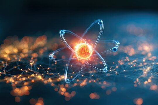 Abstract atom model with glowing nucleus and orbiting electrons