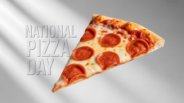 A slice of pepperoni pizza floating against a gray background with 'National Pizza Day' text overlay