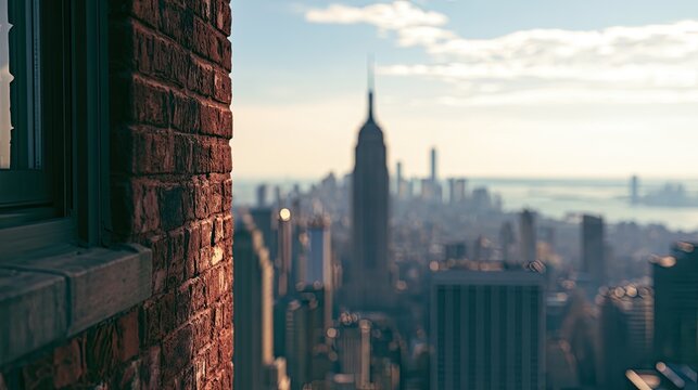 Soft focus urban skyline with iconic tower and brick building foreground