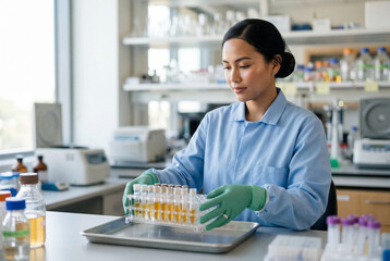 Fototapeta premium Asian female scientist holding tray of test tubes with samples in modern laboratory