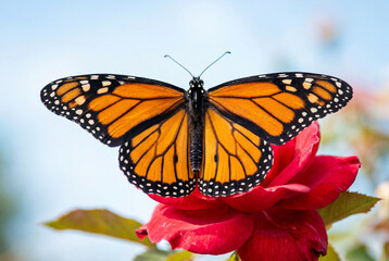 Obraz premium Monarch butterfly resting on vibrant red rose in summer garden