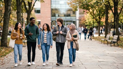 Obraz premium Diverse Group of College Students Walking Together on University Campus Pathway, Happy Young Adults Talking and Carrying Books, Academic Lifestyle Concept