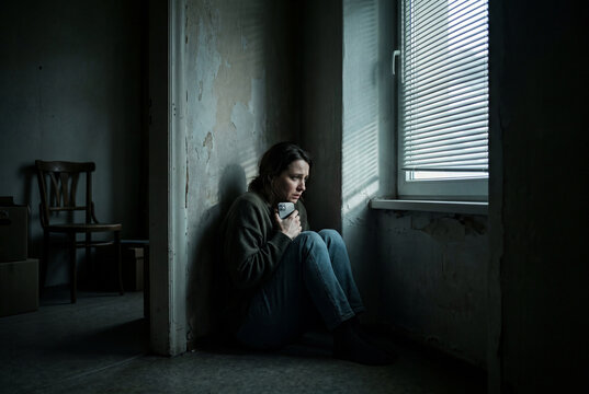 Frightened woman hiding in dark corner holding smartphone