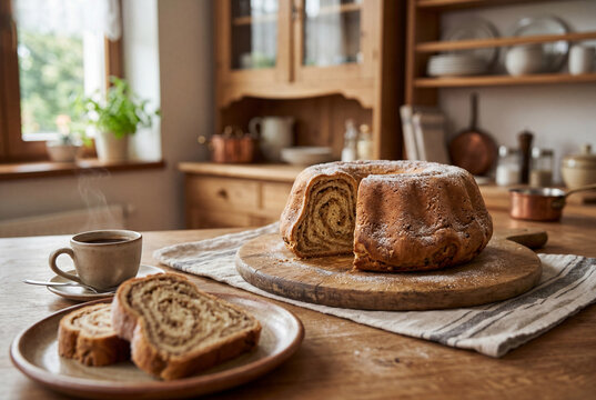 Traditional slovenian potica cake slices on rustic kitchen table