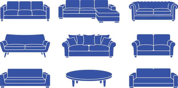Modern furniture sofa and couch icon set for interior design with furniture interior minimalist upholstery collection apartment furnishings decoration