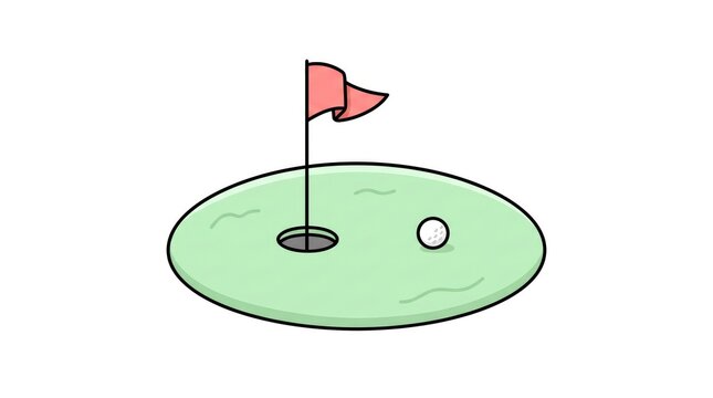 Miniature golf course hole with red flag. Tiny putting green obstacle for family fun and leisure activities.