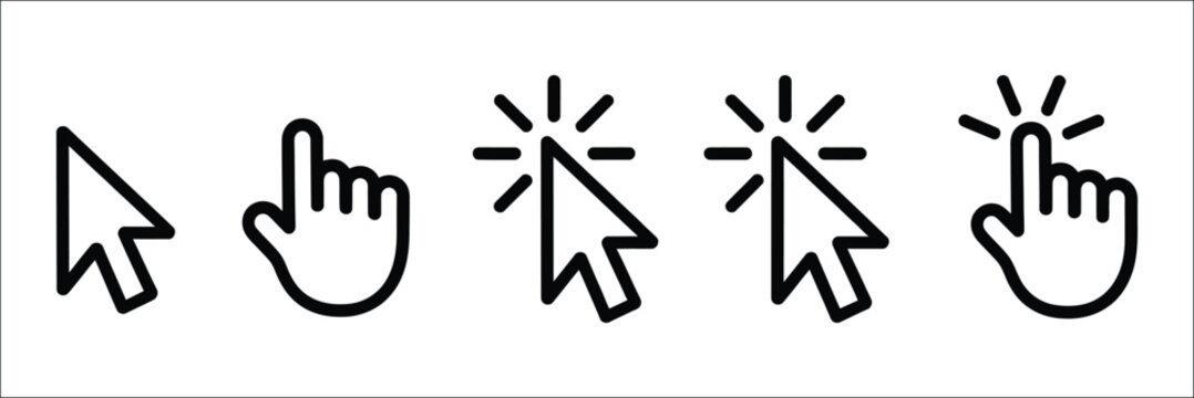 Mouse cursor icon set with click pointers, loading symbols, selection arrows, user interface controls, and black white navigation graphics, vector, designs