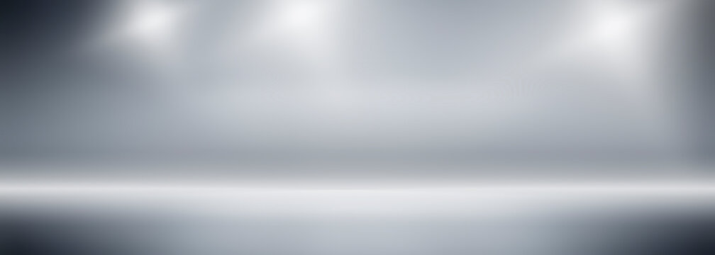 White and gray studio backdrop with star light scene, blank perspective stage for product montage or artwork. Not created by AI.