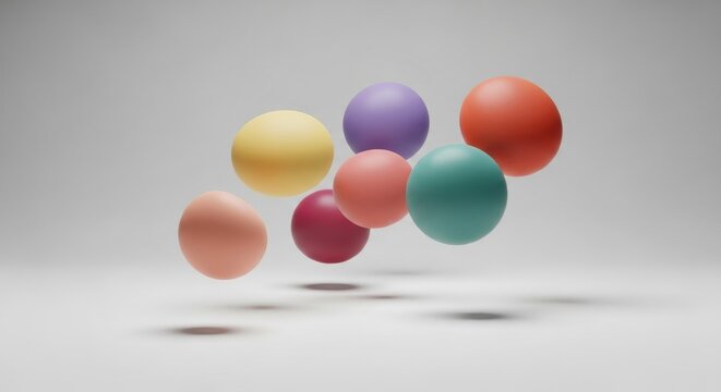 3D rendering of seven multi-colored matte spheres and ellipsoids in shades of yellow, purple, orange, and teal floating in a neutral gray studio space with soft ground shadows.