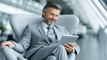 Fototapeta premium Confident businessman using tablet in a modern office setting.