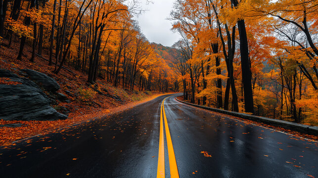 Winding forest road with double yellow lines covered in a heavy blanket of fallen autumn leaves under a gloomy sky