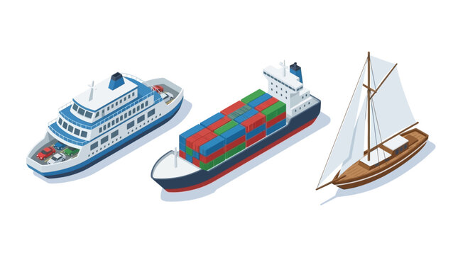 Isometric set of maritime transport vessels featuring a modern passenger ferry industrial cargo container ship and elegant sailboat cruise yacht isolated on a clean white background