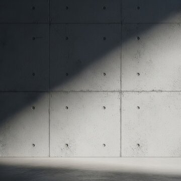 Architectural raw concrete wall with rectangular panels and circular tie-rod holes, illuminated by sharp diagonal sunlight and deep shadows across the textured industrial surface and floor.