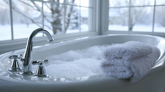 Cozy winter bath scene with a bubbly tub and fluffy towels.