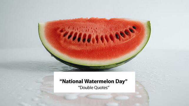A slice of watermelon on a reflective surface with text celebrating National Watermelon Day