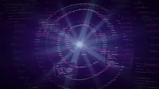Abstract Digital Data Visualization with Glowing Purple Concentric Circles and Scrolling Computer Code Background