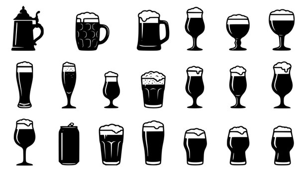 Craft beer glasses and mugs solid silhouette icons mega bundle featuring different brewery pints steins and pub symbols vector illustration