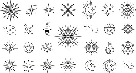 Obraz premium Celestial Astrology and Mystical Occult Line Art Vector Icon Collection Set