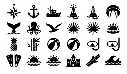 Nautical ocean travel and summer beach vector icon set featuring lighthouses anchors marine life snorkeling gear and sandcastle elements black silhouette isolated on white background © MdIbrahimIslam