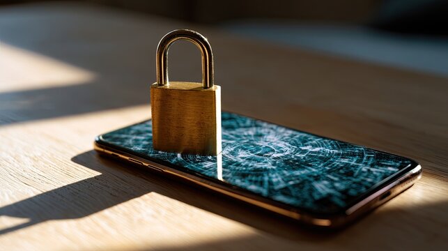 Golden padlock secures a smartphone with a shattered screen, casting shadows