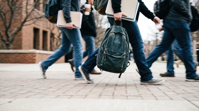 Group of diverse college students walking on university campus walkway carrying backpacks and textbooks representing academic lifestyle and education