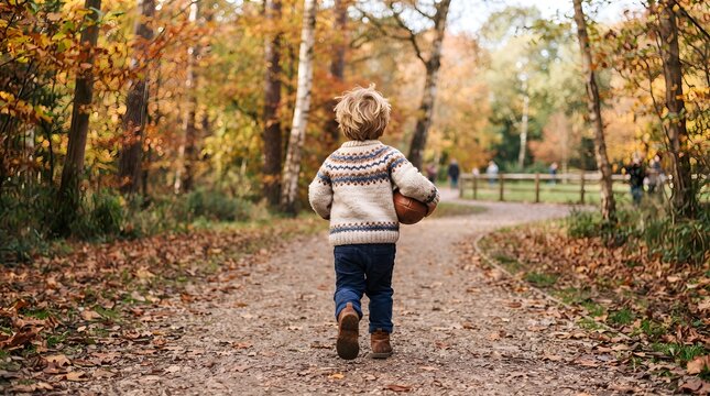 Little adventurer exploring a vibrant autumn forest, a young child walks along a leaf-strewn path with a ball, enjoying the golden fall season