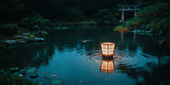 Glowing paper lantern floats on calm pond in traditional japanese zen garden at night with koi fish swimming nearby and torii gate silhouette in background under dark peaceful evening atmosphere.