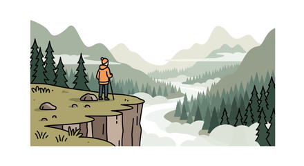 Hiker overlooking foggy mountain valley from a rocky cliff edge © herdi