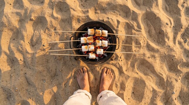 Golden Hour Beach BBQ: Toasted Marshmallows on Charcoal Grill with Bare Feet