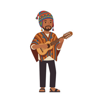 South American Andean Musician Playing Traditional Charango Instrument in Poncho and Chullo Hat