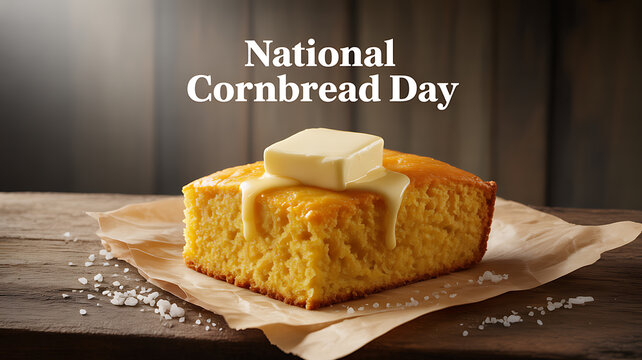 A slice of golden cornbread topped with melting butter on parchment paper, celebrating National Cornbread Day.
