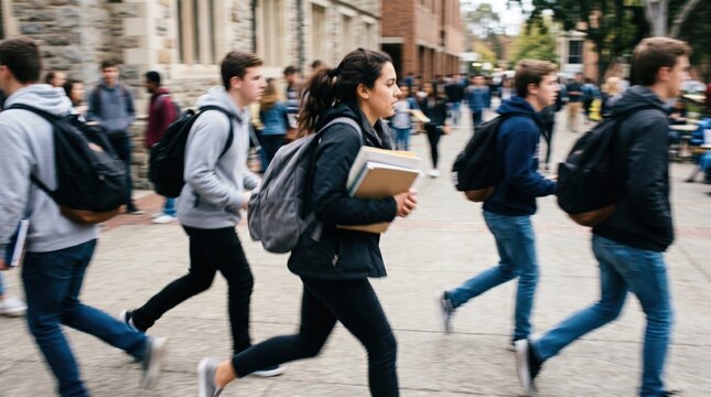 Diverse college students rushing across university campus with backpacks and books, representing academic lifestyle and student life