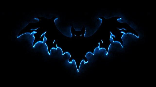 Neon blue bat outline illustration animation against dark black background for halloween.