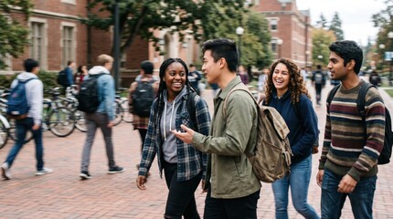 Obraz premium Diverse Group of College Students Walking and Talking on University Campus Pathway, Young Adults Discussing Academic Life and Education