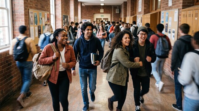 Diverse Group of Happy High School Students Walking Through School Hallway Together, Cheerful Teenagers Talking and Laughing During Break Time, Education and Friendship Concept