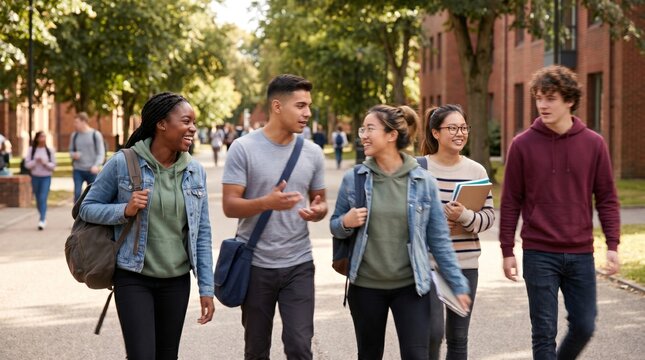 Diverse group of young adult university students walking and talking on a sunny college campus path during the autumn semester