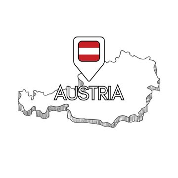 Hand-drawn outline map of Austria with a location pin featuring the national flag, minimalist geographic illustration on a white background.