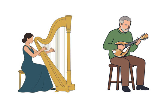 Illustration of a Professional Harpist and a Mature Mandolin Player Performing Musical Instruments