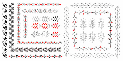 Leaf and berry botanical illustrations black and red vector ornament © Juran