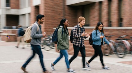 Obraz premium Diverse Group of College Students Walking Together on University Campus Outdoors Representing Academic Life and Friendship