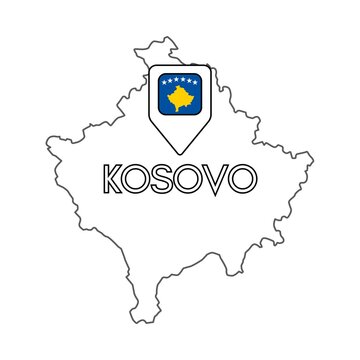Hand-drawn outline map of Kosovo with a location pin featuring the national flag, minimalist geographic illustration on a white background.