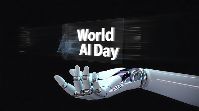 Robotic hand holding a holographic display with 'World AI Day' text against a dark background