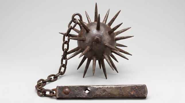 Antique rusted spiked morningstar on white background