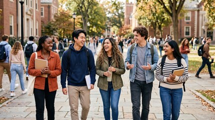 Obraz premium Diverse Group of College Students Walking on Campus Path Laughing Together, Young Adults Enjoying University Life and Academic Friendship