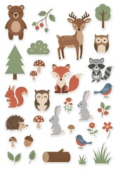Fototapeta premium Cute Woodland Animals and Forest Nature Sticker Set with Bear Fox Deer Owl and Rabbit Illustrations for Kids